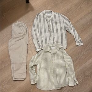 Striped Linen Button-Up Shirts and Beige Pants Set